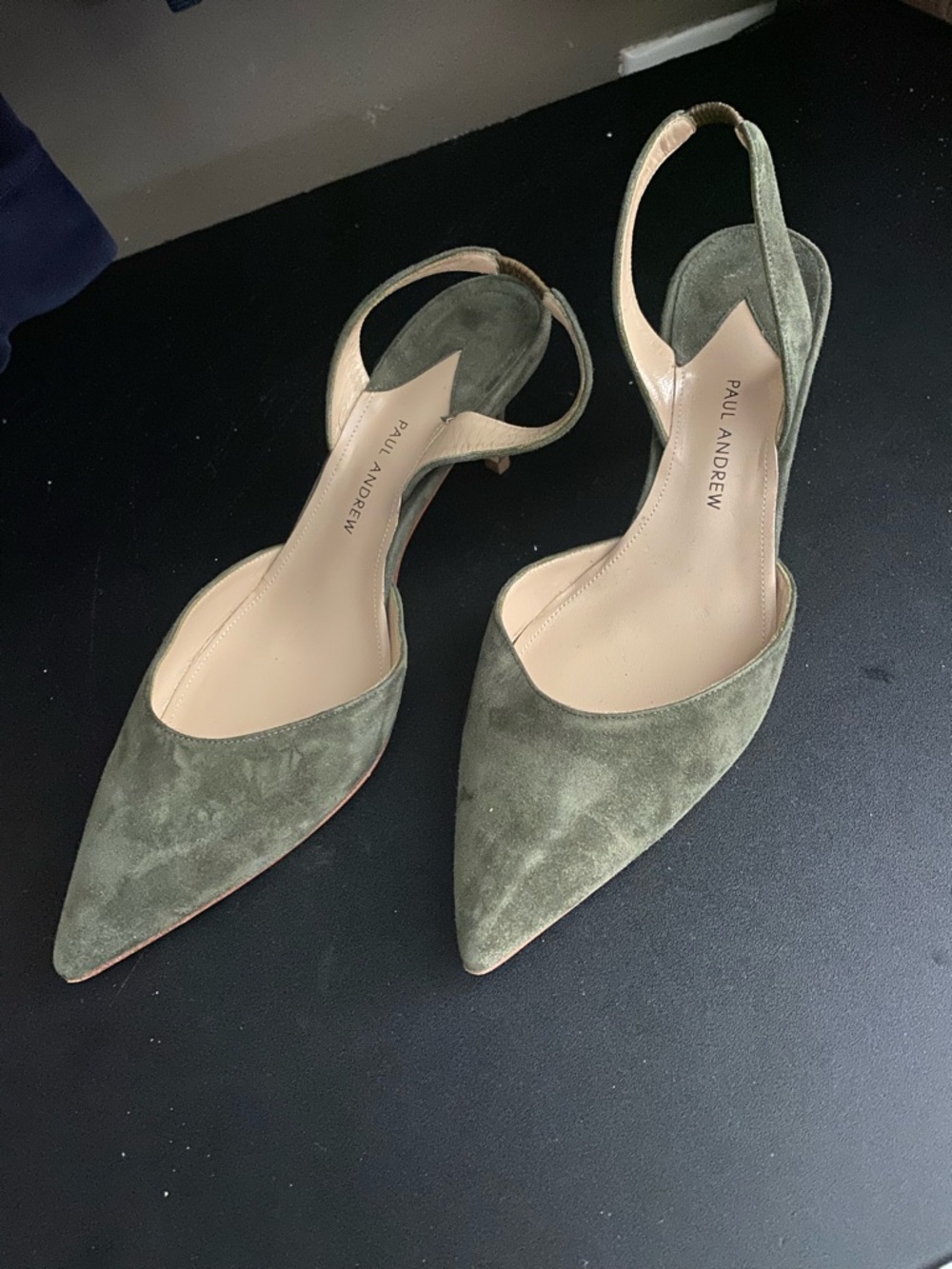 Paul Andrew Olive Suede Pointed Slingback Heels